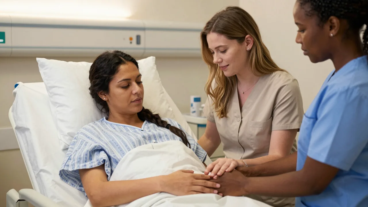 Laboring mother receiving expert guidance from her doula during delivery.