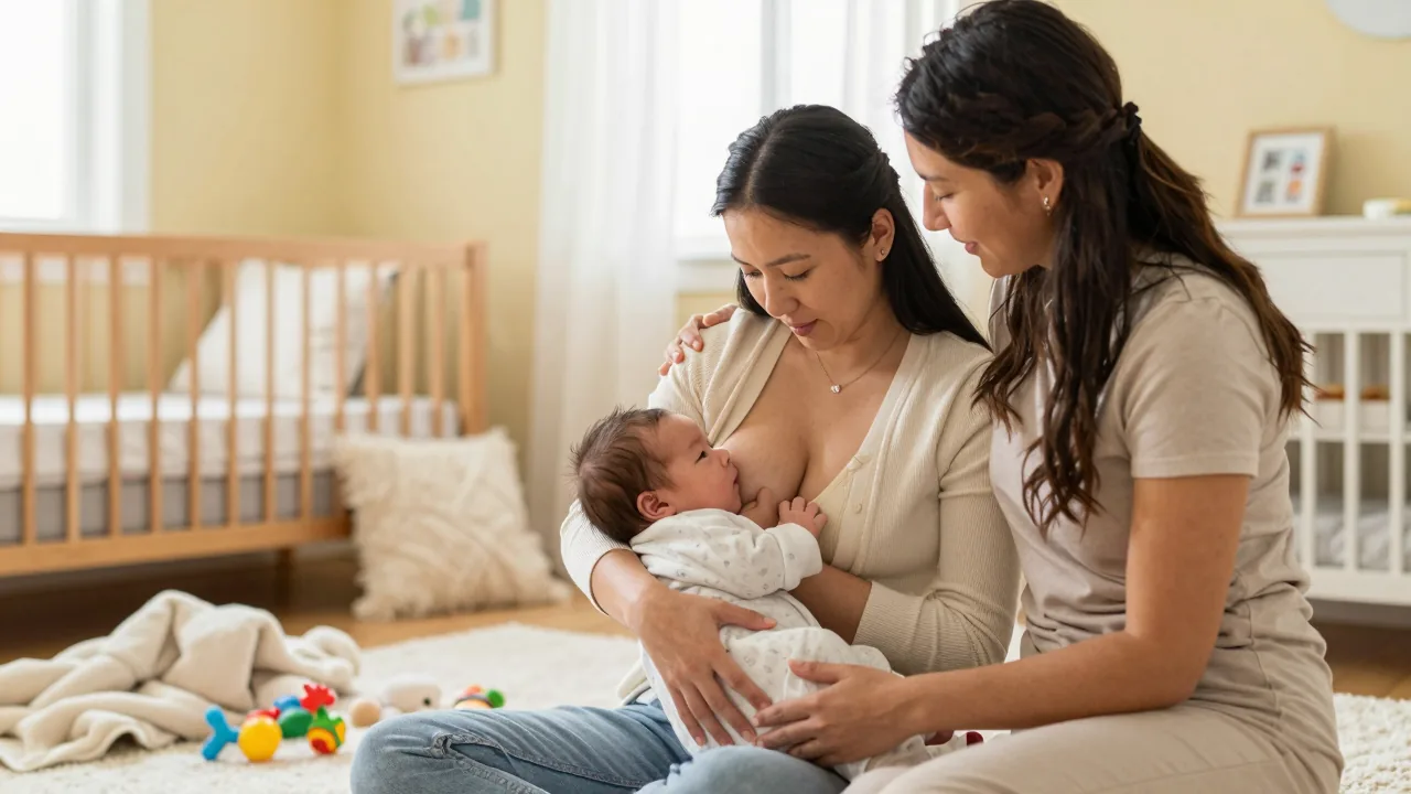New mother breastfeeding in a calm nursery setting with postpartum doula support.