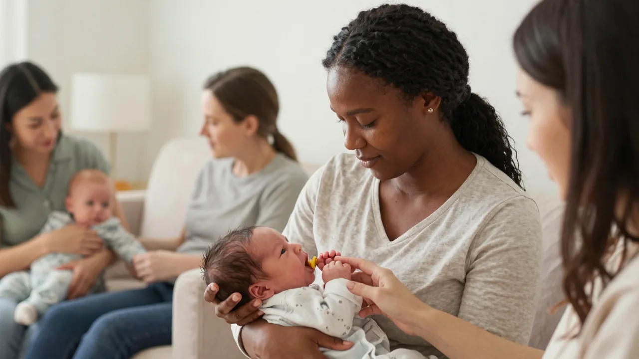 Doula assisting newborn feeding in a serene clinic environment