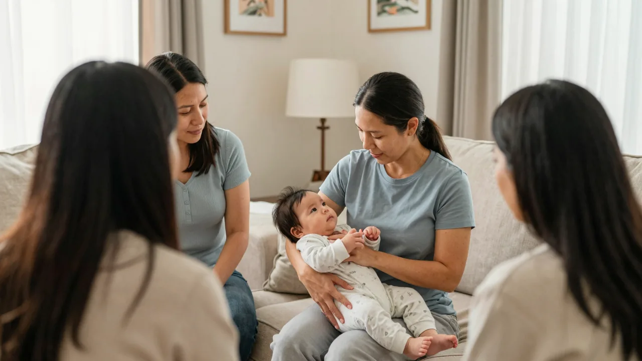 Doula teaching baby care techniques in a warm home environment