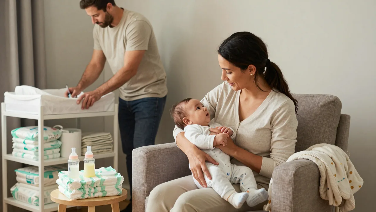 New parents arranging baby essentials in a cozy living room