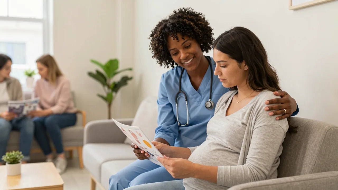 Doula assisting a pregnant woman in a calm clinic setting