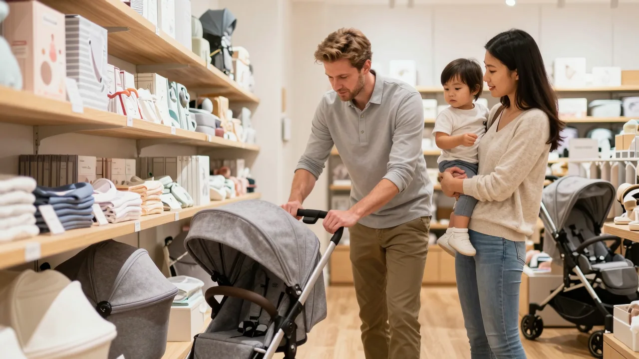 European/white father examining a stroller in a modern baby store with his East Asian partner holding their toddler.
