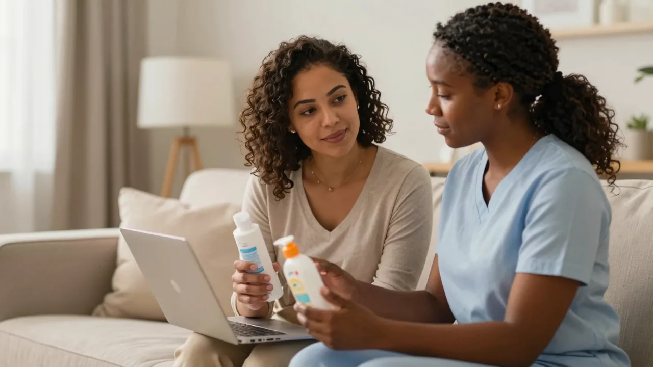 African American doula guiding a Latina couple in a calm clinic setting.