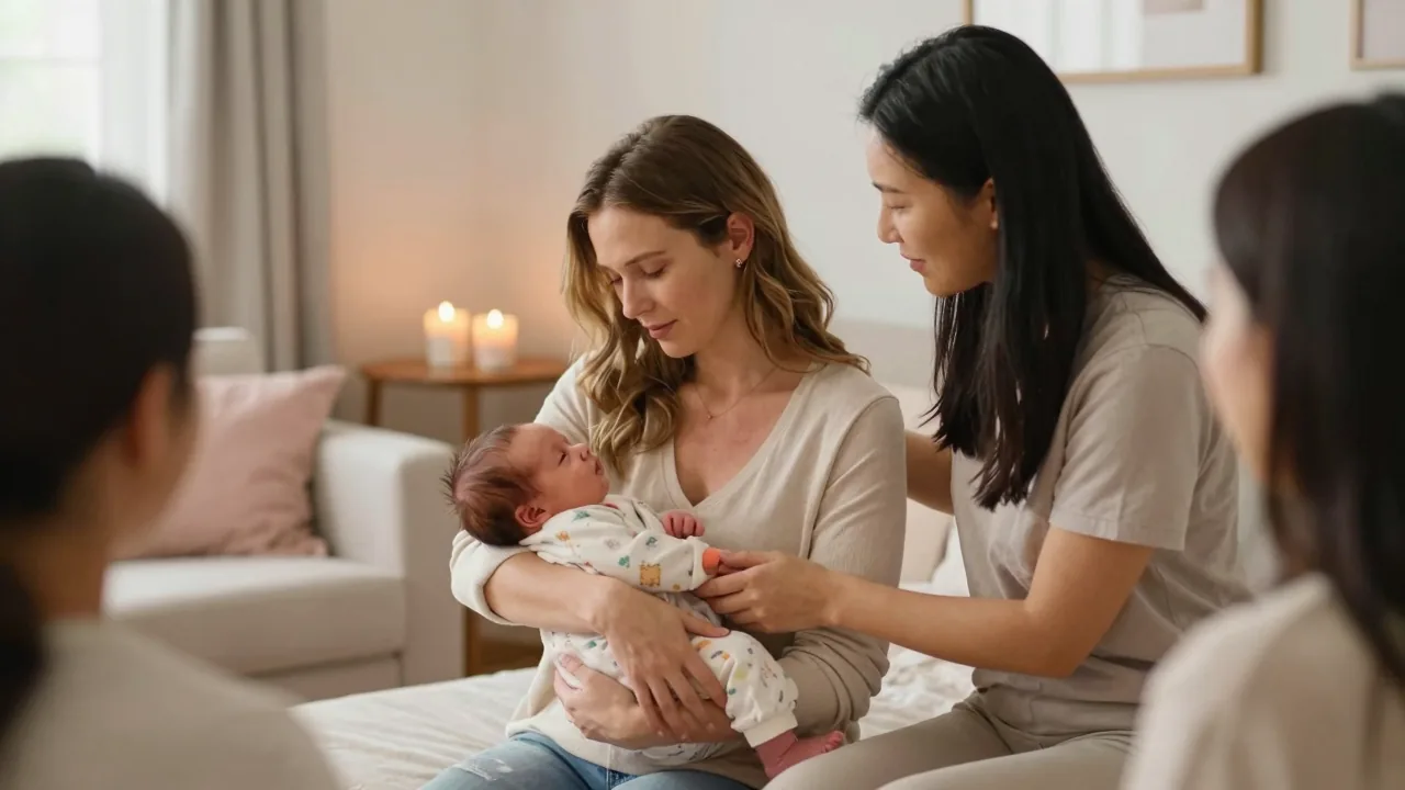 New mom holding baby during a supportive postpartum session in a cozy, candlelit setting.