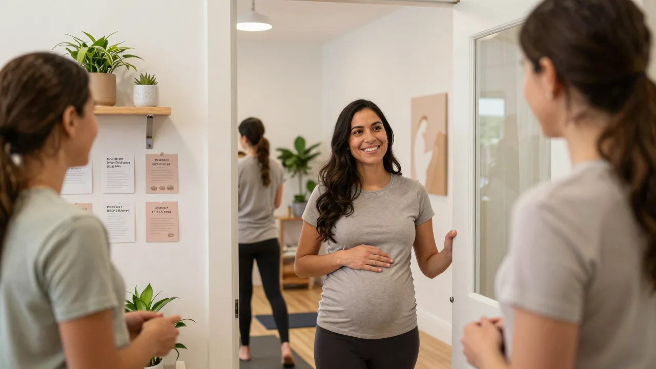 Pregnant Latina woman entering an affordable prenatal yoga studio with welcoming decor.