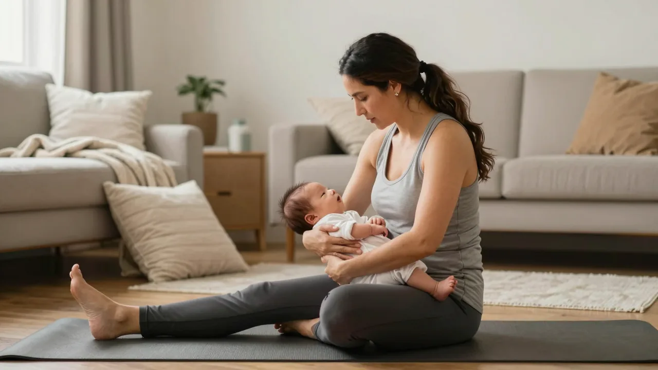 Latina mother holding her newborn during a postnatal yoga session with a European/white doula in a cozy home setting.