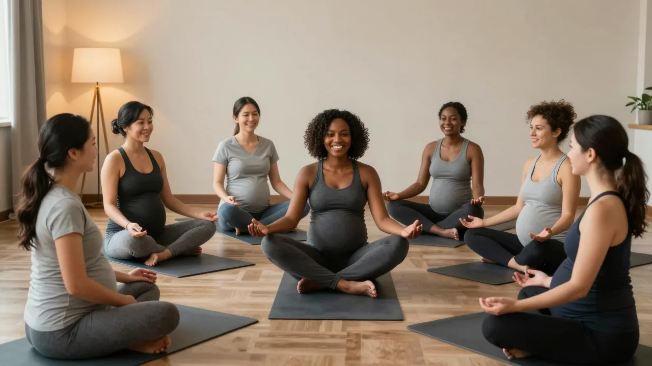 Diverse group of pregnant women practicing prenatal yoga together in a calm studio setting.