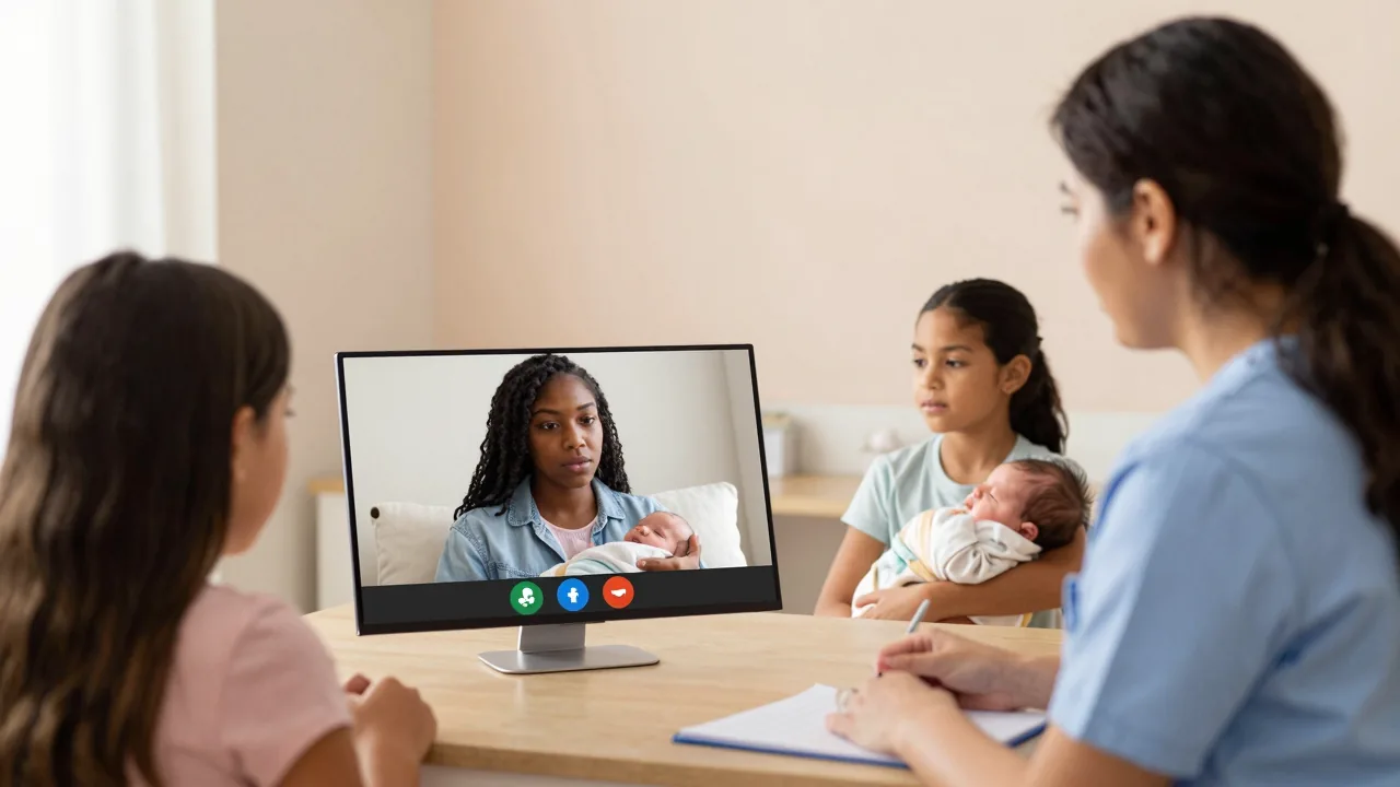 Virtual training session where a doula instructs aspiring doulas with one holding a baby