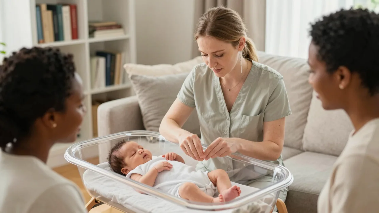 Doula providing hands-on virtual training for a new parent in a cozy home environment
