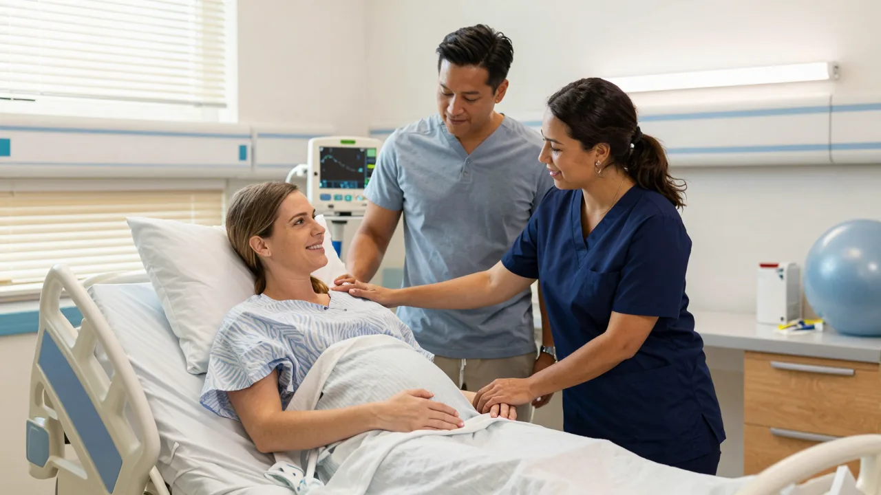 Latina birth doula supporting a white mother and East Asian father in a Boston hospital room