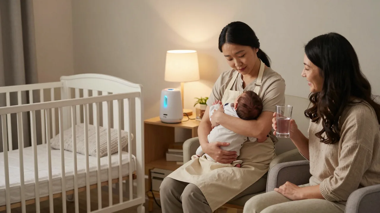 East Asian postpartum doula burping newborn while Latina mother watches in a Boston nursery