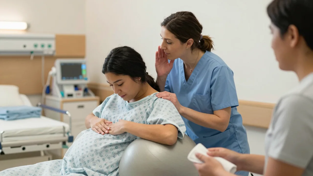 Latina birthing person on birthing ball with white birth doula providing comfort in hospital room