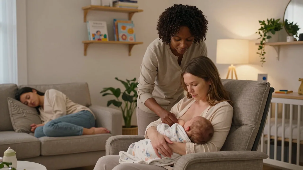 White new mother breastfeeding with African American postpartum doula adjusting swaddle in nursery