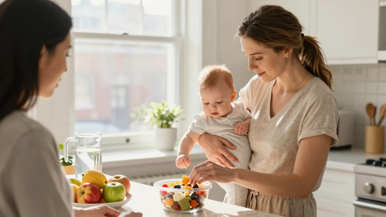 East Asian doula preparing snacks in a sunny kitchen as European mom holds her baby