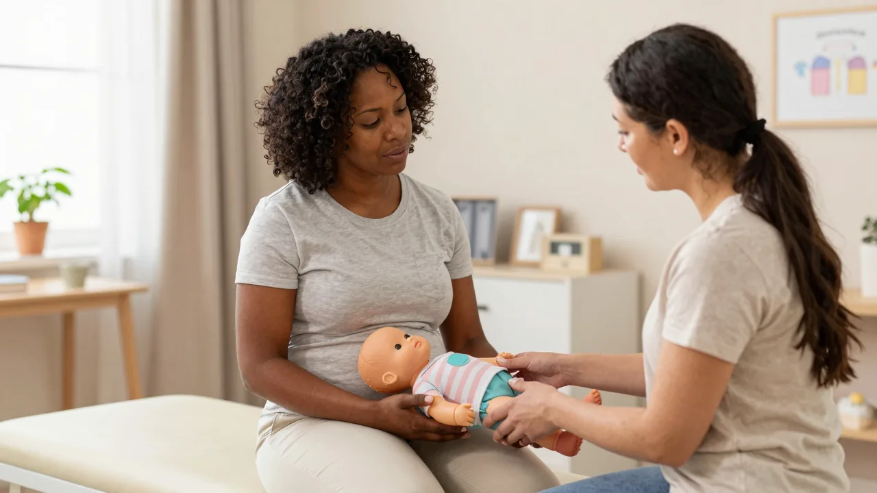 Latina doula demonstrating breastfeeding techniques in a calm clinic setting with an African American mom