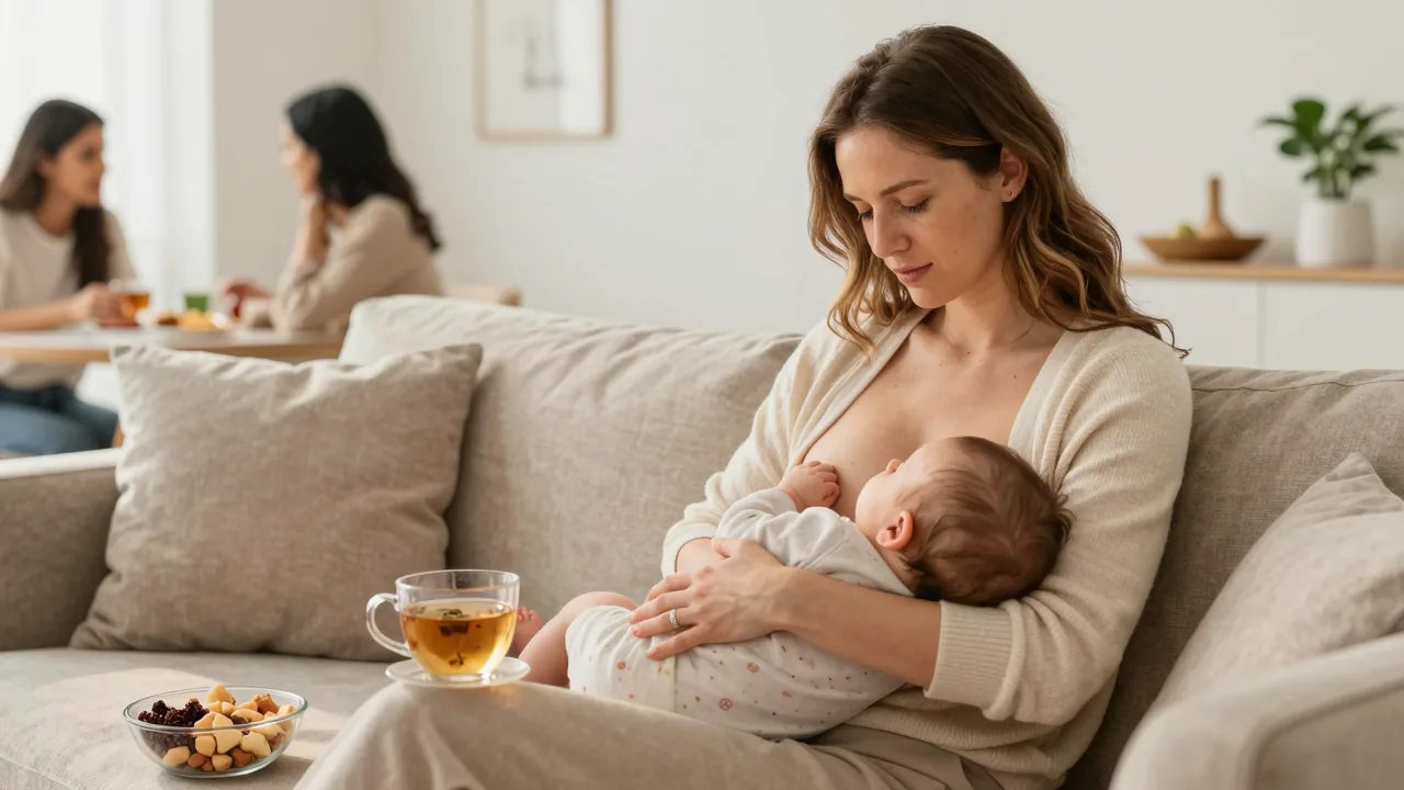 European/white mother breastfeeding her baby in a cozy living room setting.