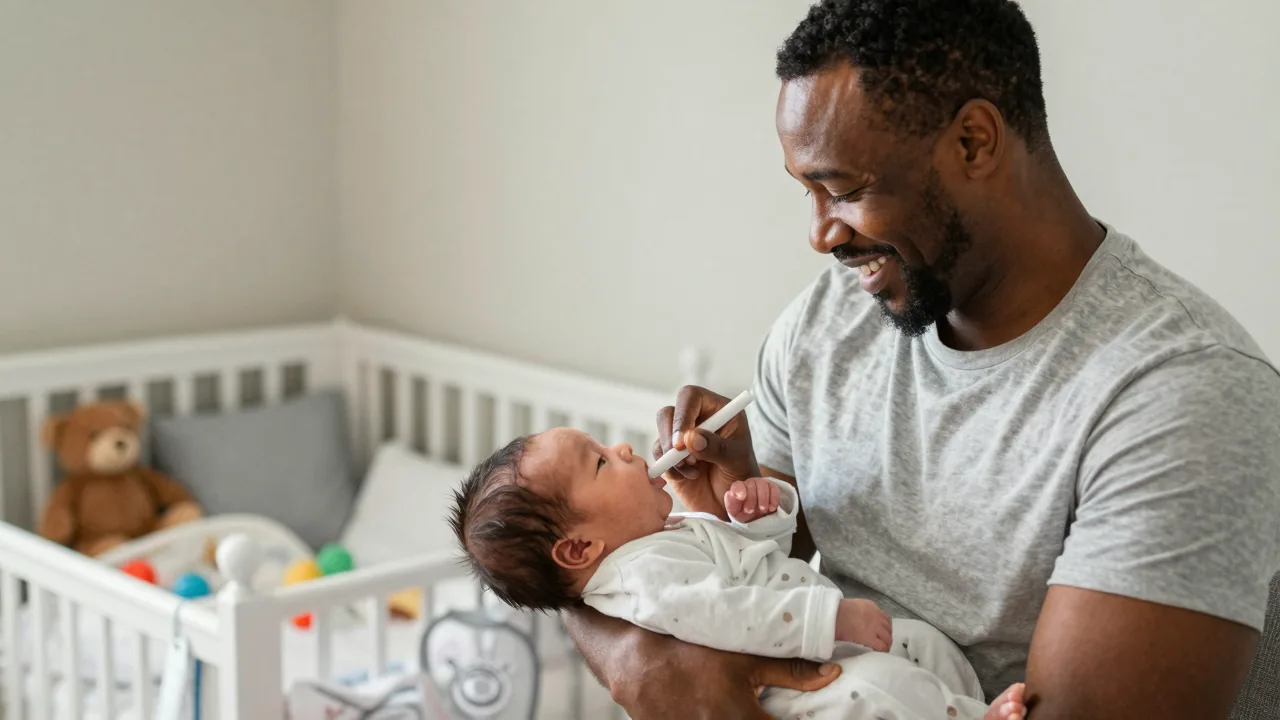 East Asian doula assisting African American father with breastfeeding support in a cozy nursery.