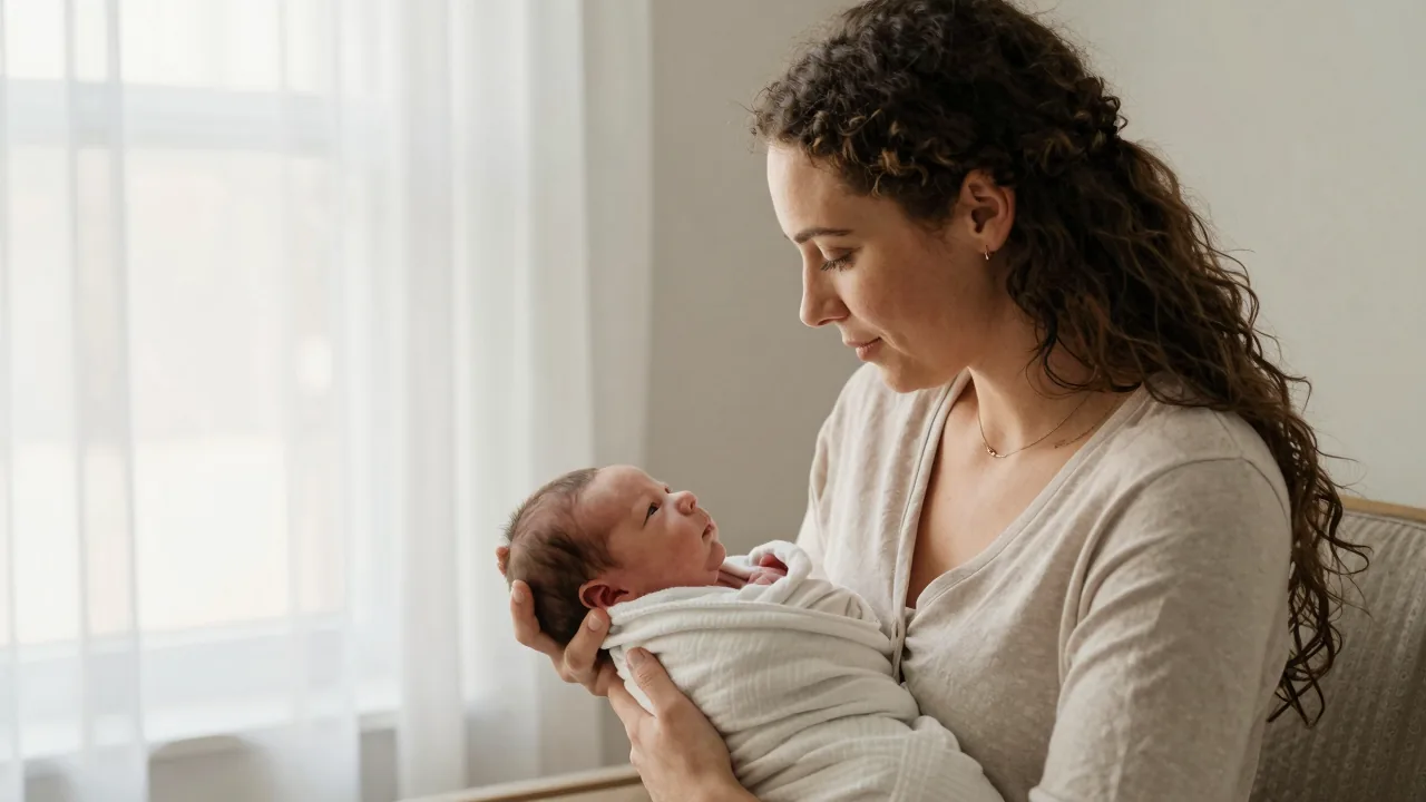 Newborn being held by mother during a calm home birth with a supportive doula present.