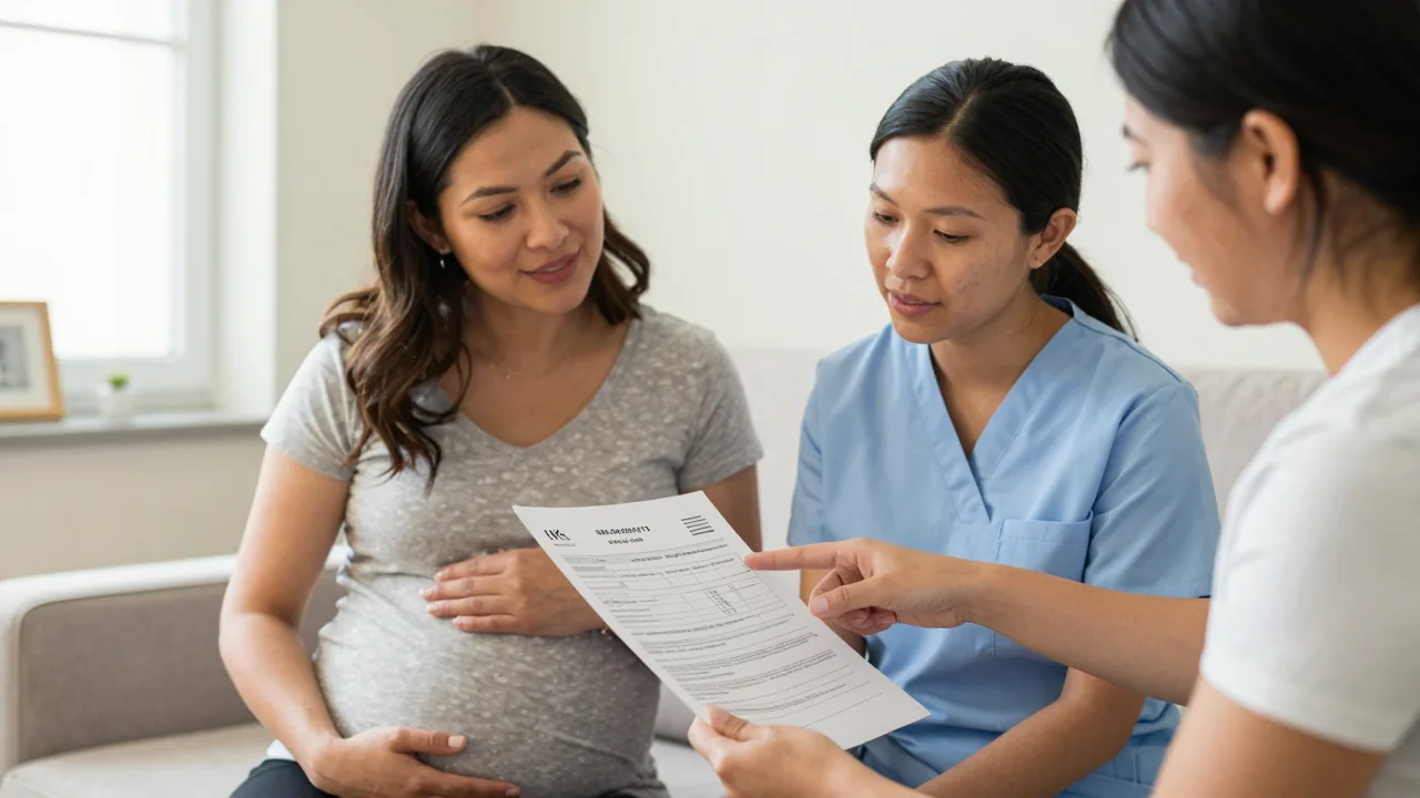 Couple discussing insurance coverage for doula services in a clinic setting.