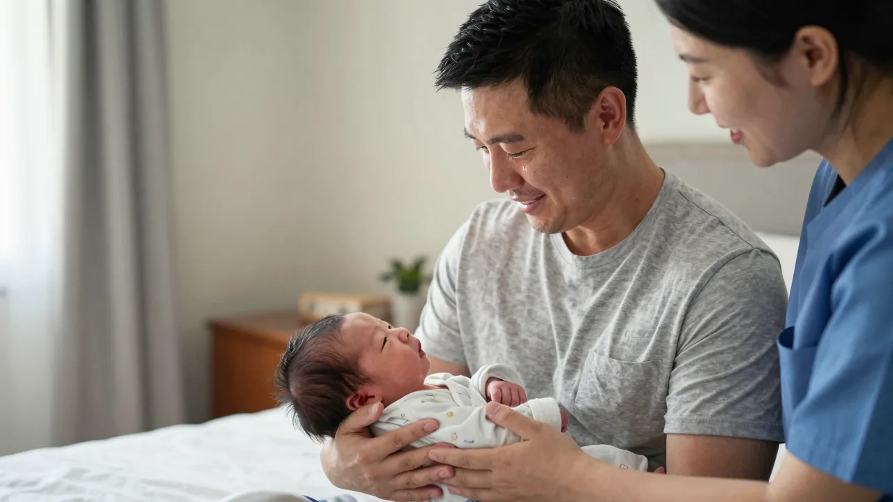 A new parent holding their baby during a calm home birth