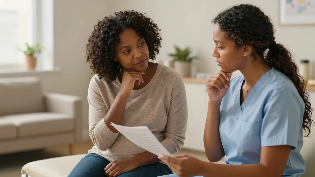 A doula assisting a couple in reviewing documents at a cozy clinic