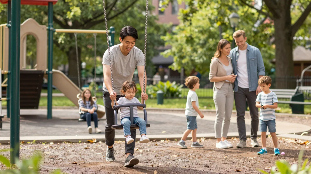 Diverse families enjoying a sunny day at a lively playground in Boston