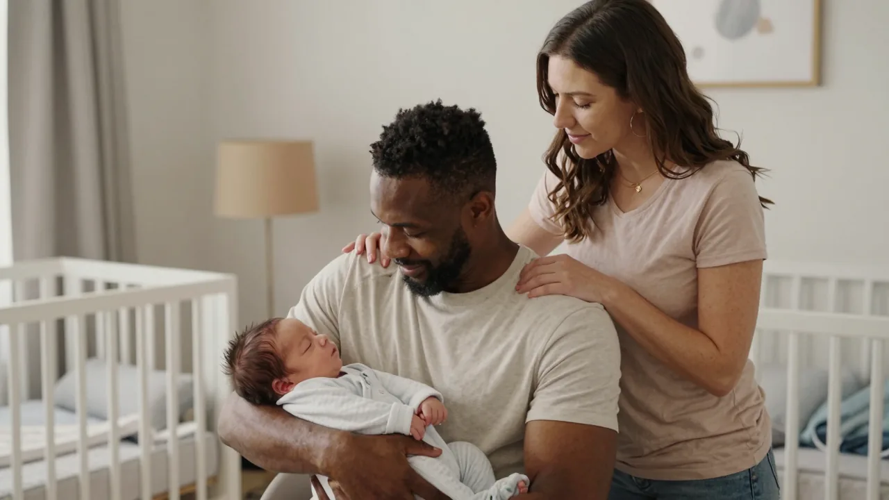 African American father rocking baby in a serene nursery with a supportive doula