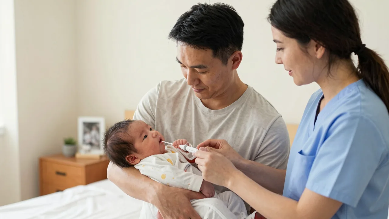 East Asian father holding baby as European/white nurse checks newborn in calming medical clinic