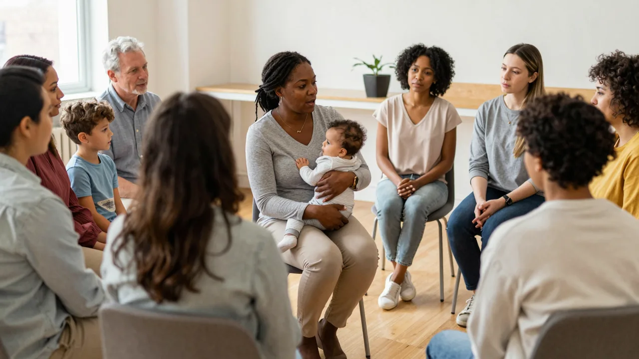 African American mother and baby at parenting group with diverse families in welcoming community setting