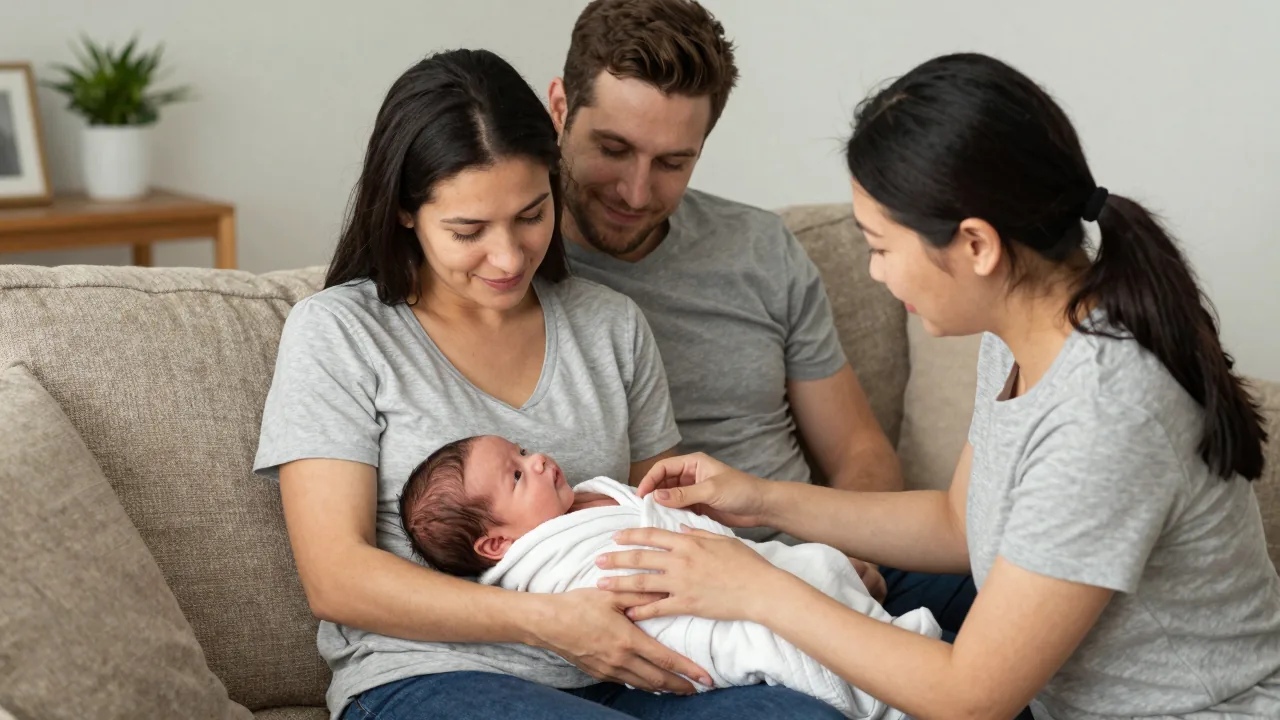 Doula teaching new parents swaddling techniques at home