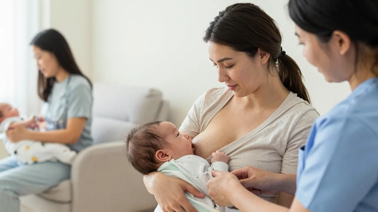 A doula supporting a new mother during breastfeeding in a birthing clinic