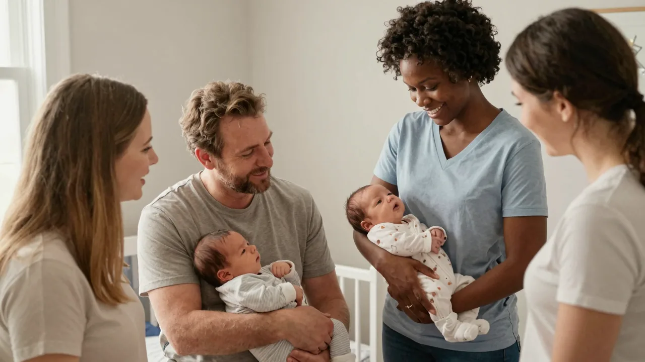 A supportive doula assisting a family in a serene nursery setting