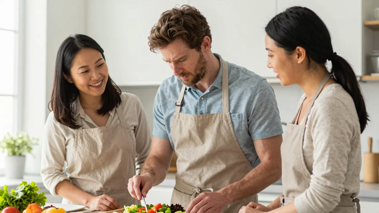 Father cooking with the support of a doula in a sunny kitchen