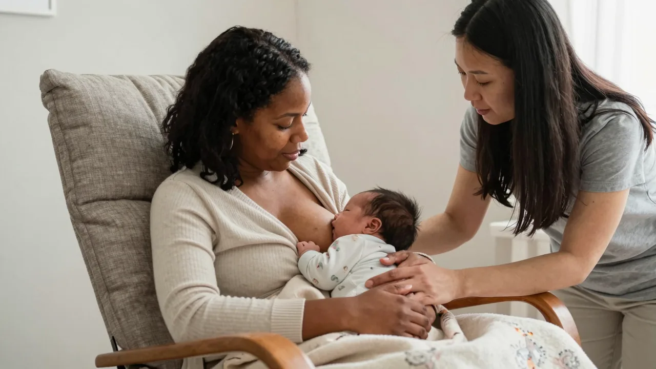 Mother breastfeeding baby with a doula&rsquo;s gentle assistance in a serene nursery