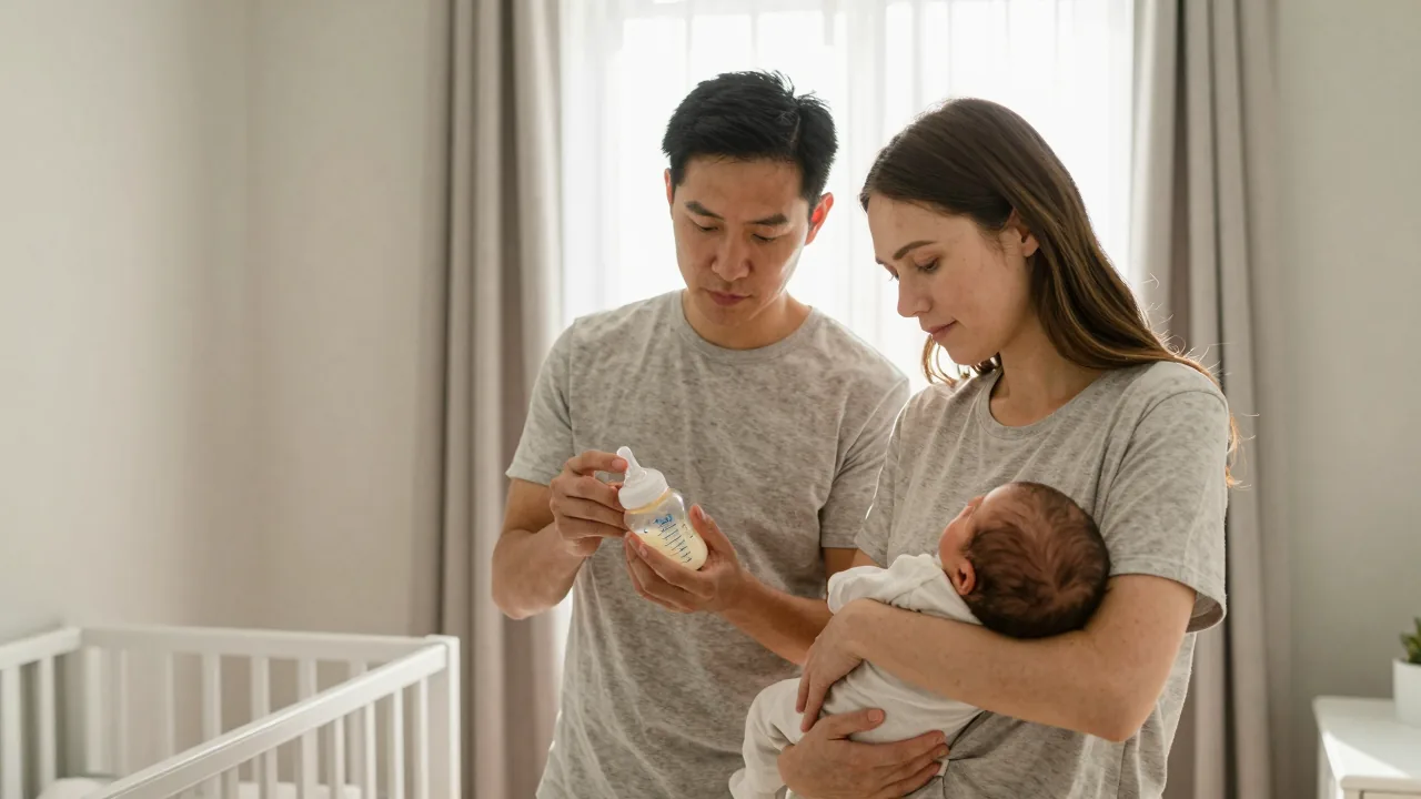 Parents preparing for a bottle feeding session together