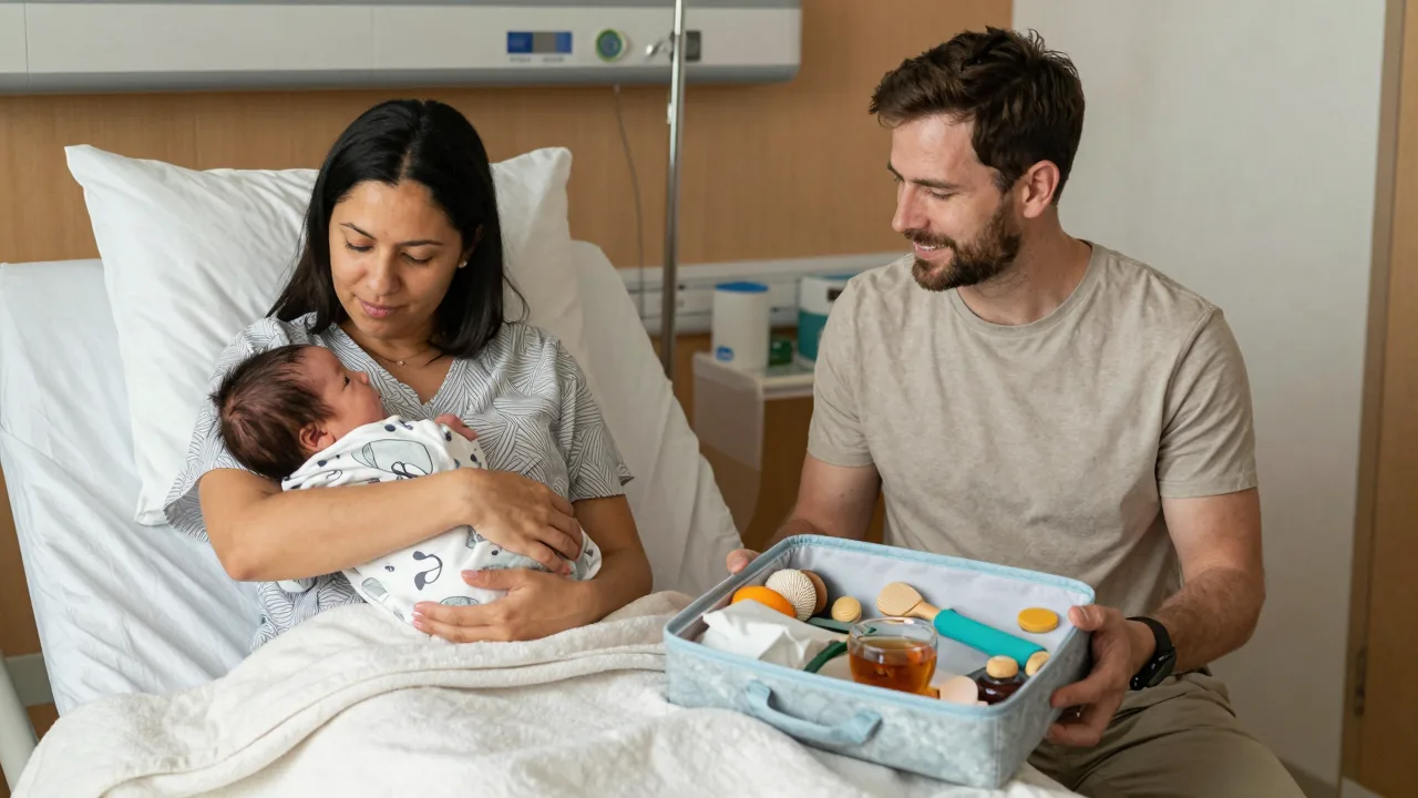 New parents with baby, comfort toolkit on the bedside table