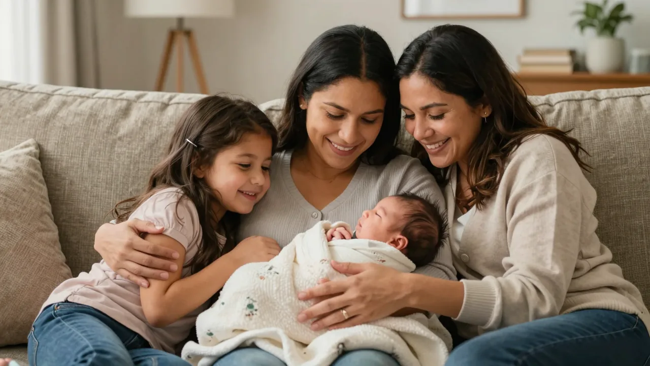 Latina/Hispanic parents bonding with their newborn baby at home in Washington DC.
