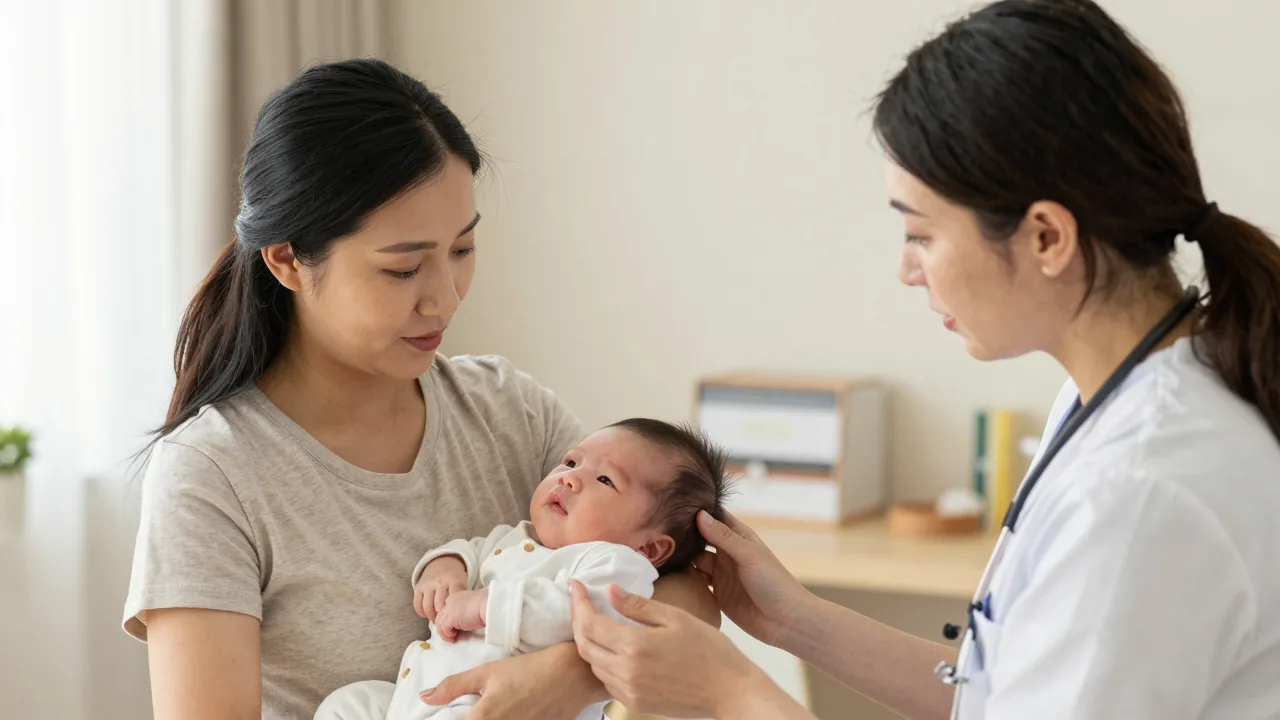 East Asian mother consulting with a doula in a calm clinic setting in Washington DC.