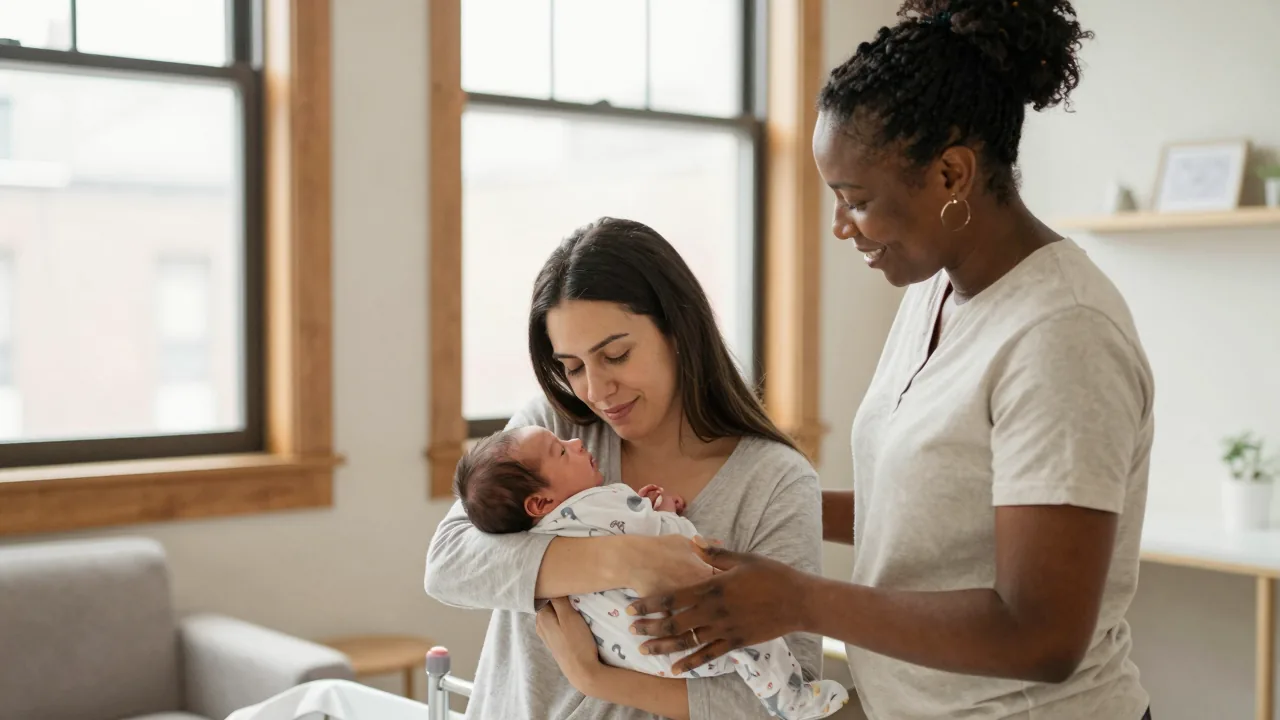 New mom holding her baby in a cozy birth center room with support from a doula