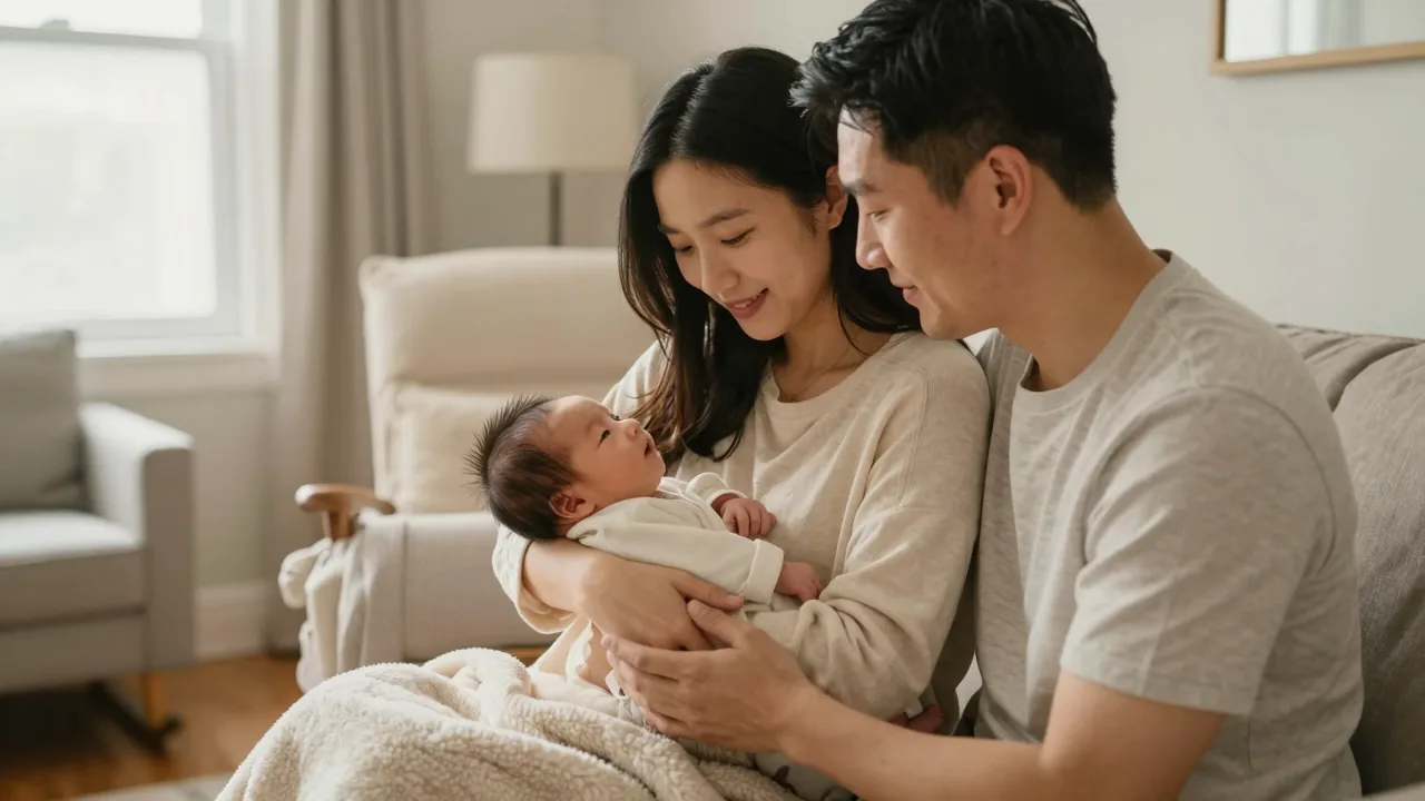 Parents bonding with their newborn in a serene home environment