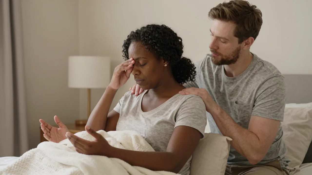 Latina pregnant person practicing relaxation techniques with the help of her East Asian partner and an African American 