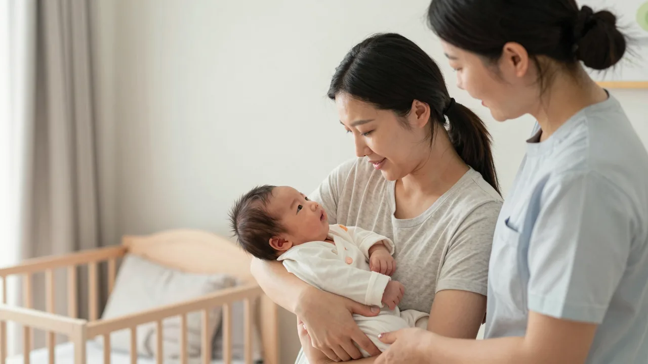 New parent bonding with newborn in a peaceful nursery with doula present