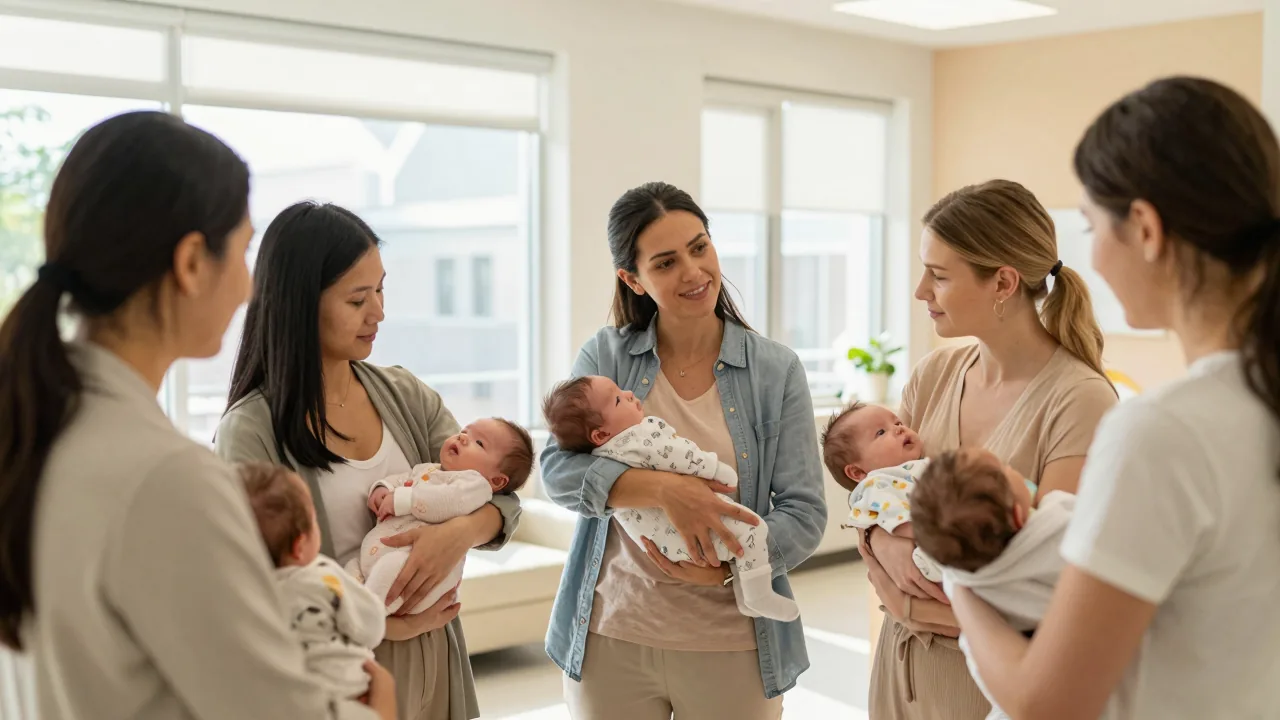 Diverse group of mothers supporting each other in a bright clinic