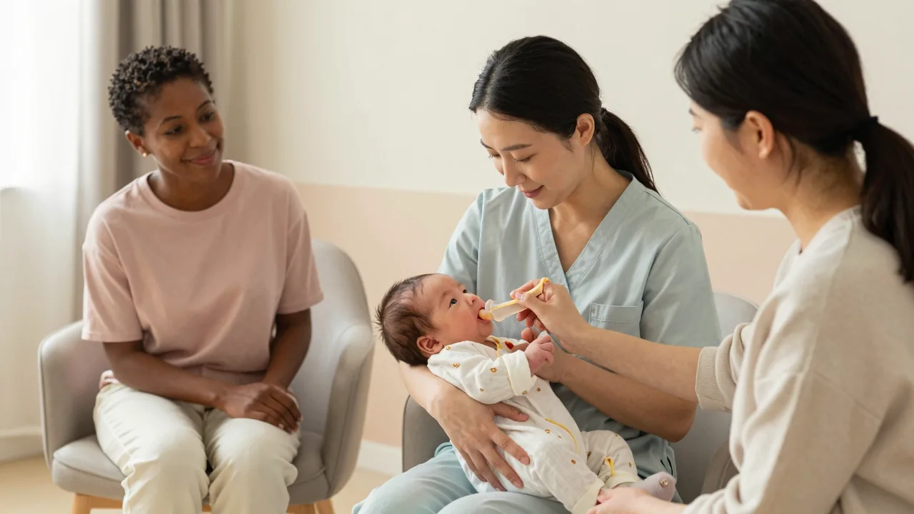East Asian doula assisting a newborn baby in a calm clinic environment.