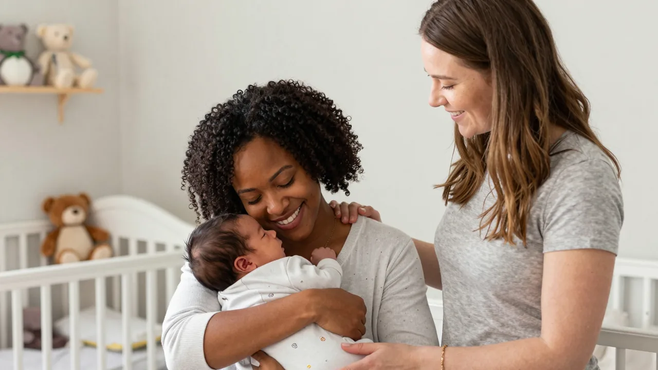 African American mother holding her newborn baby in a cozy nursery, supported by a European/white doula.