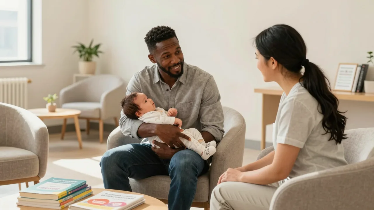 New parents conversing in a calm clinic waiting room.