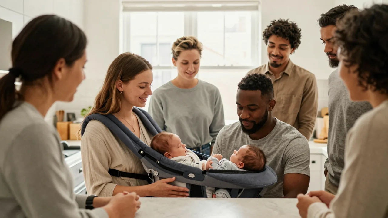 New parents sharing joyful moments in a bright kitchen setting.