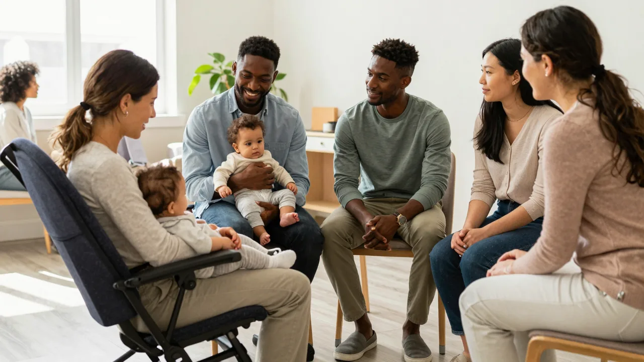 Diverse families relaxing together in a calm clinic waiting area before a new parent support group.