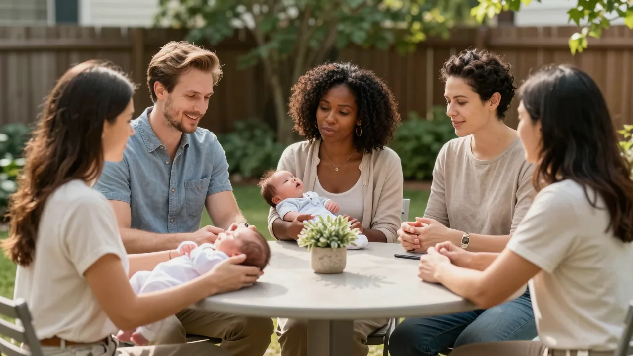 Parents and newborns enjoying a support group session in a serene backyard setting.